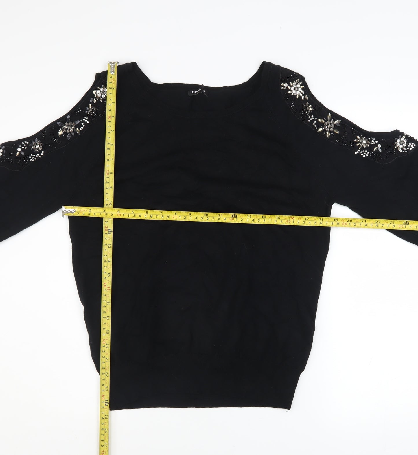 Roman Women Black Beaded Cold Shoulder Jumper Size 16
