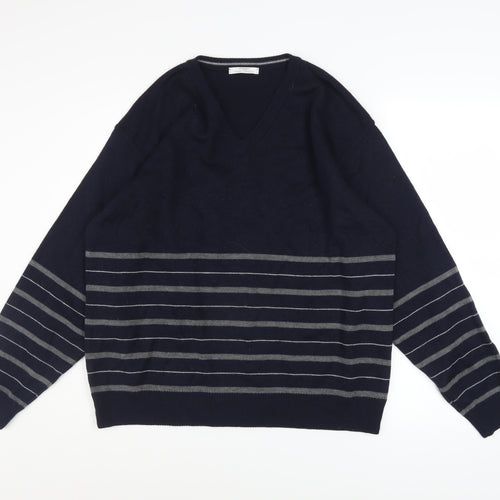 Marks and Spencer Men's Blue Striped Wool Blend V-Neck Jumper M