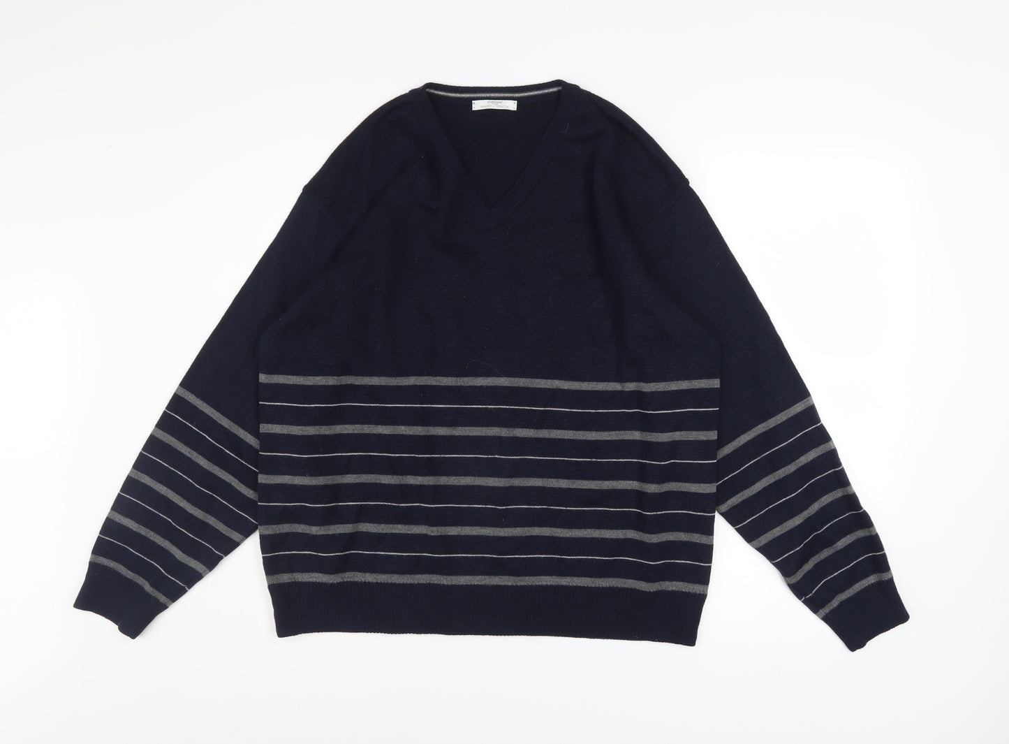 Marks and Spencer Men's Blue Striped Wool Blend V-Neck Jumper M