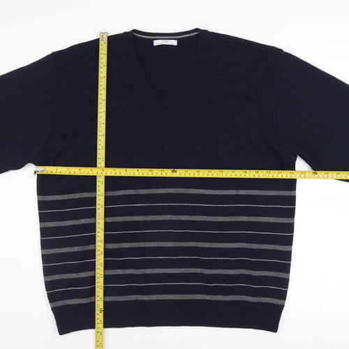 Marks and Spencer Men's Blue Striped Wool Blend V-Neck Jumper M