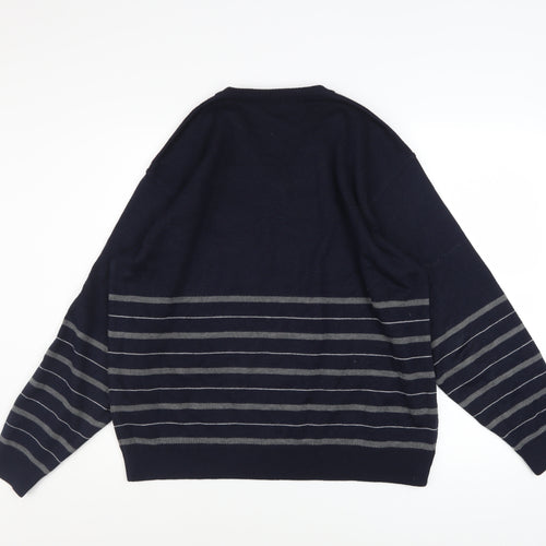 Marks and Spencer Men's Blue Striped Wool Blend V-Neck Jumper M