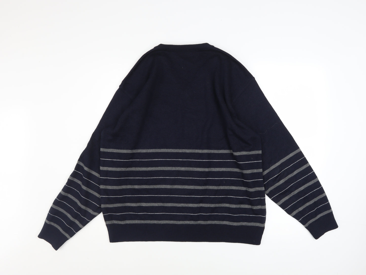 Marks and Spencer Men's Blue Striped Wool Blend V-Neck Jumper M