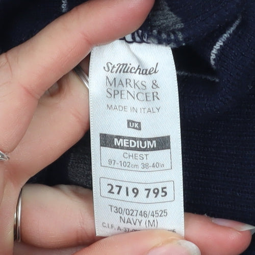 Marks and Spencer Men's Blue Striped Wool Blend V-Neck Jumper M