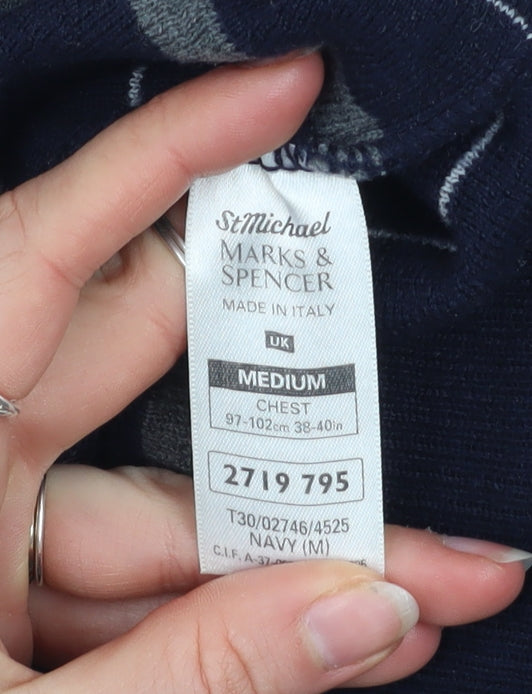 Marks and Spencer Men's Blue Striped Wool Blend V-Neck Jumper M