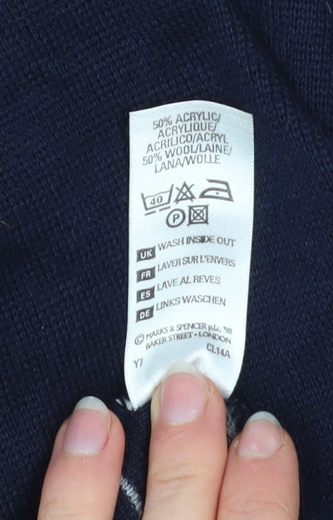 Marks and Spencer Men's Blue Striped Wool Blend V-Neck Jumper M