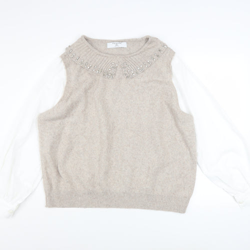 Primark Women Beige Beaded Crew Neck Pullover Jumper 2XL