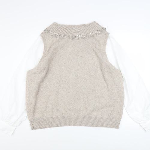 Primark Women Beige Beaded Crew Neck Pullover Jumper 2XL