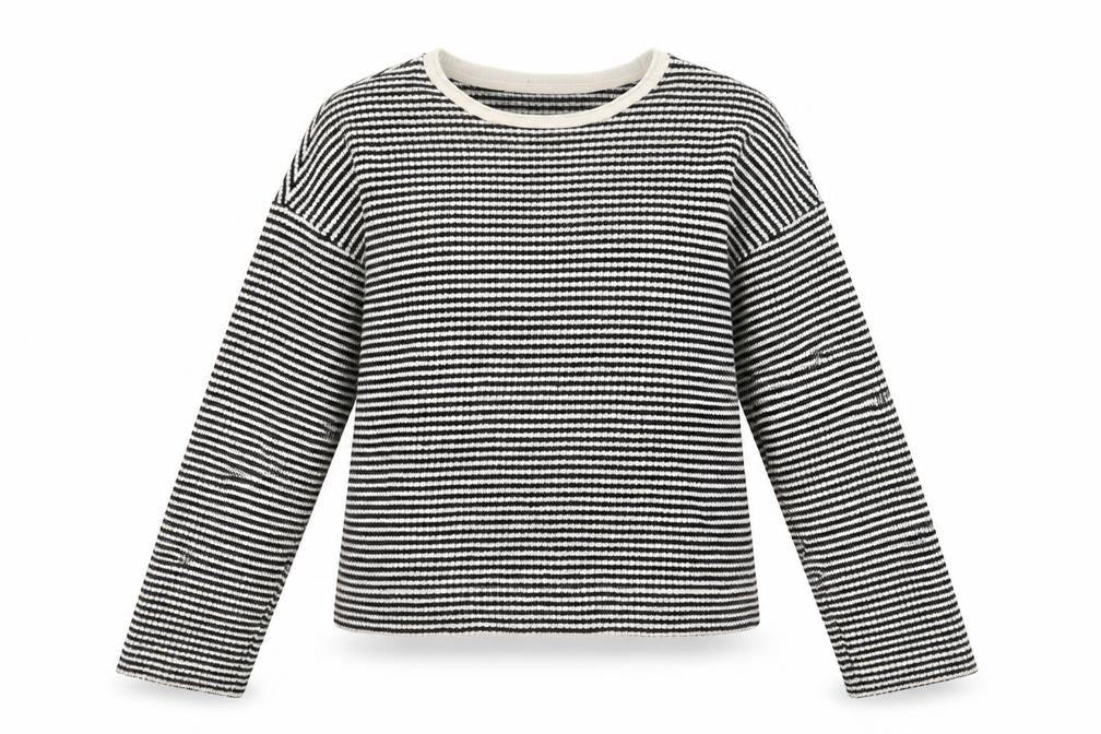 Front view of Tu women’s black striped crew neck knit jumper, size UK 8