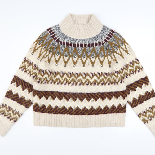 Marks and Spencer Per Una Women’s Beige Fair Isle Wool Blend Mock Neck Jumper S