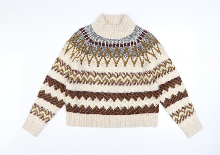 Marks and Spencer Per Una Women’s Beige Fair Isle Wool Blend Mock Neck Jumper S