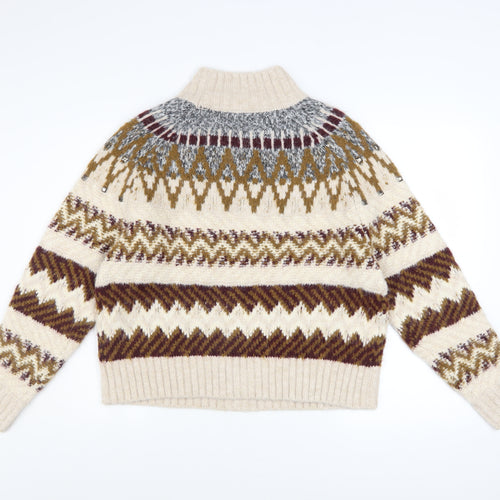 Marks and Spencer Per Una Women’s Beige Fair Isle Wool Blend Mock Neck Jumper S
