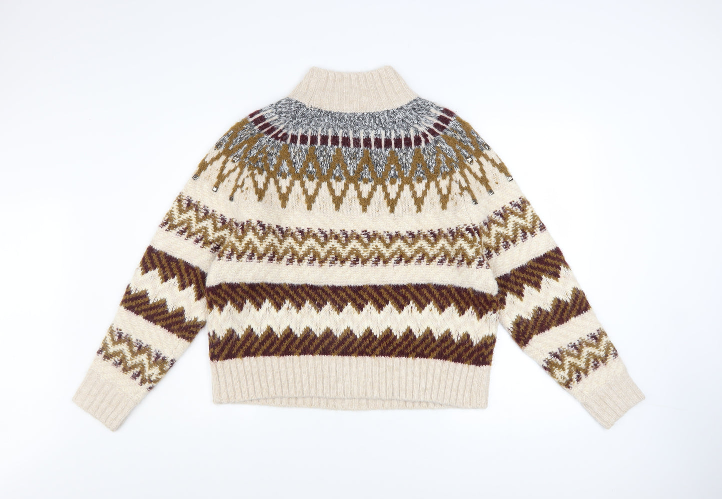 Marks and Spencer Per Una Women’s Beige Fair Isle Wool Blend Mock Neck Jumper S