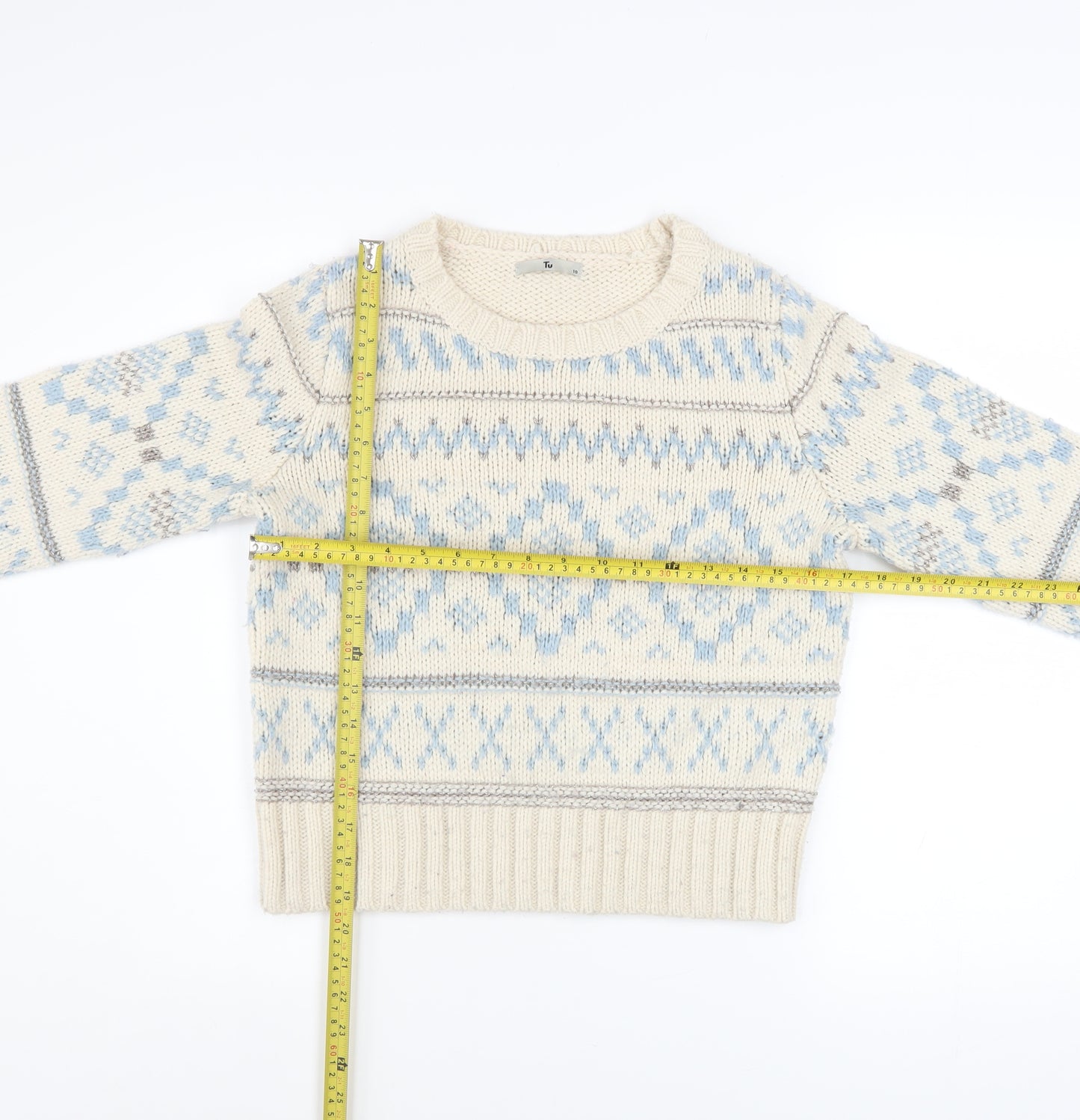 Tu Women Ivory Fair Isle Chunky Knit Jumper Size 10