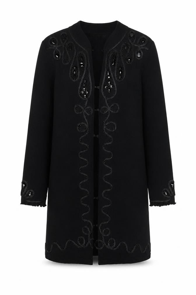 Front view of Stephen Women's Black Embroidered Mid-Length Coatigan S