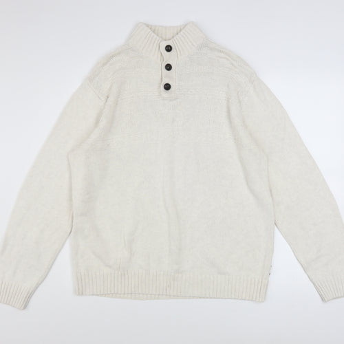 Chaps Men Ivory Cotton Henley Jumper L High Neck Button Knit Top