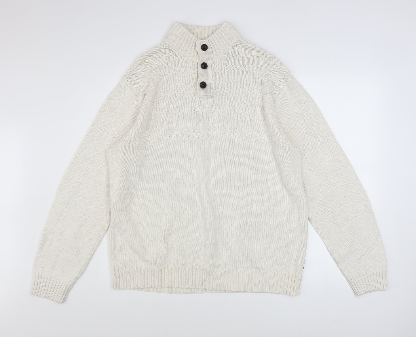 Chaps Men Ivory Cotton Henley Jumper L High Neck Button Knit Top