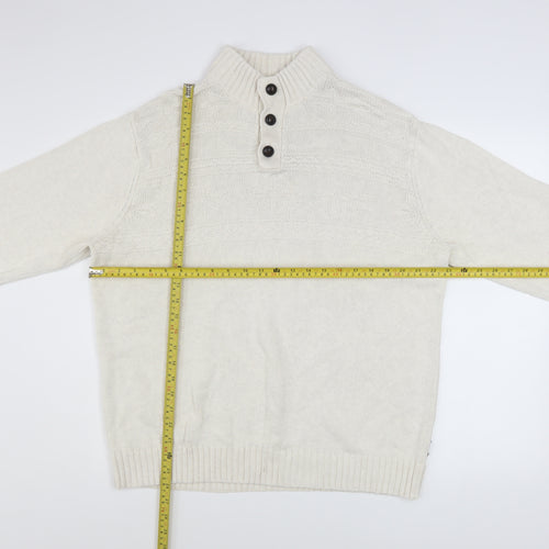 Chaps Men Ivory Cotton Henley Jumper L High Neck Button Knit Top