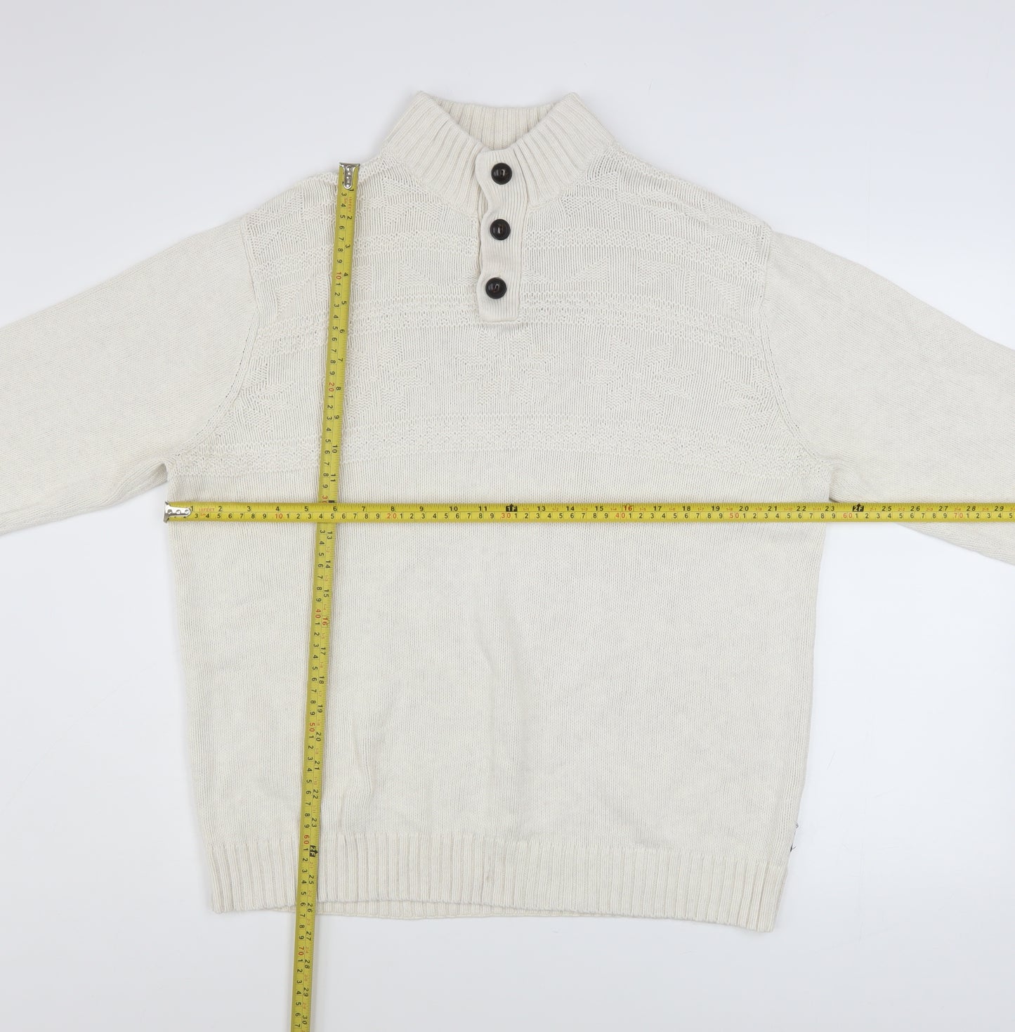 Chaps Men Ivory Cotton Henley Jumper L High Neck Button Knit Top