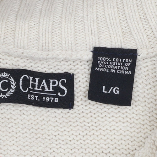Chaps Men Ivory Cotton Henley Jumper L High Neck Button Knit Top