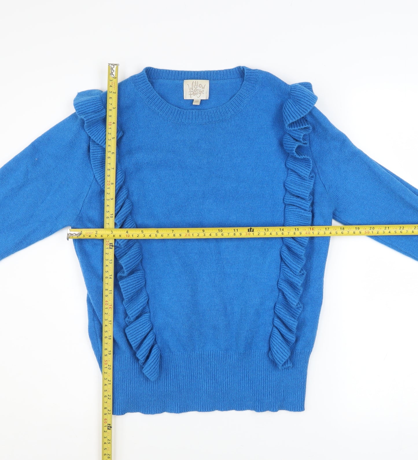 Willow & Paige Women’s Blue Ruffle Crew Neck Pullover Jumper Size M