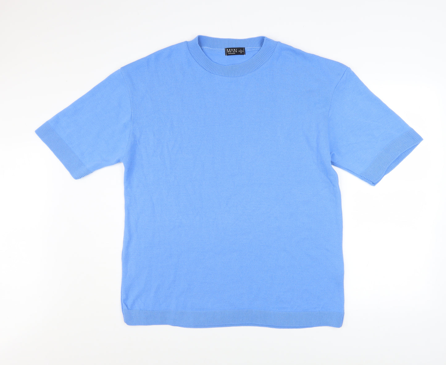 boohooMAN Men's Blue Acrylic Crew Neck Short Sleeve T-Shirt Size L