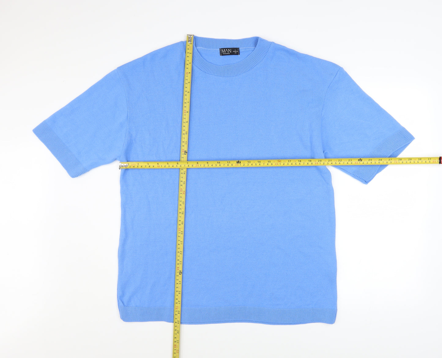 boohooMAN Men's Blue Acrylic Crew Neck Short Sleeve T-Shirt Size L