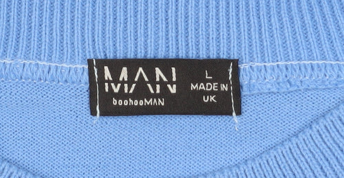 boohooMAN Men's Blue Acrylic Crew Neck Short Sleeve T-Shirt Size L