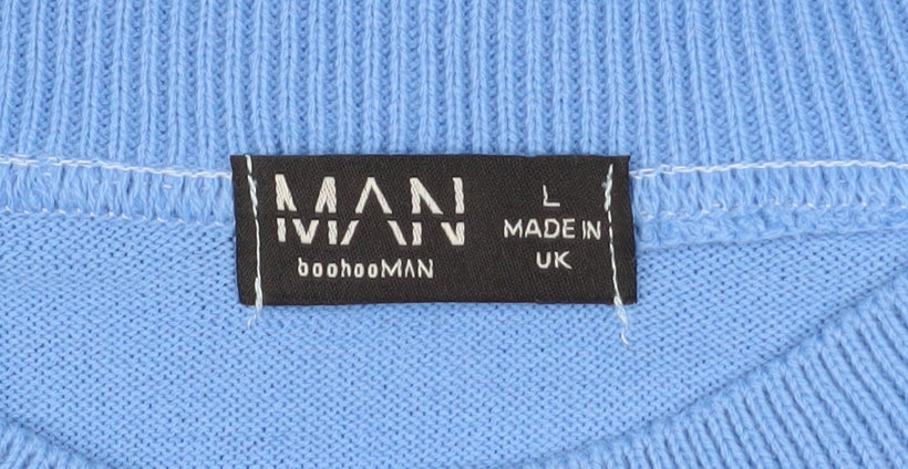 boohooMAN Men's Blue Acrylic Crew Neck Short Sleeve T-Shirt Size L