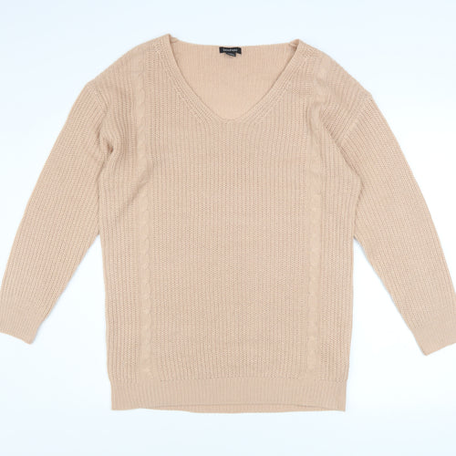 Boohoo Women Beige V-Neck Cable Knit Pullover Jumper Size M