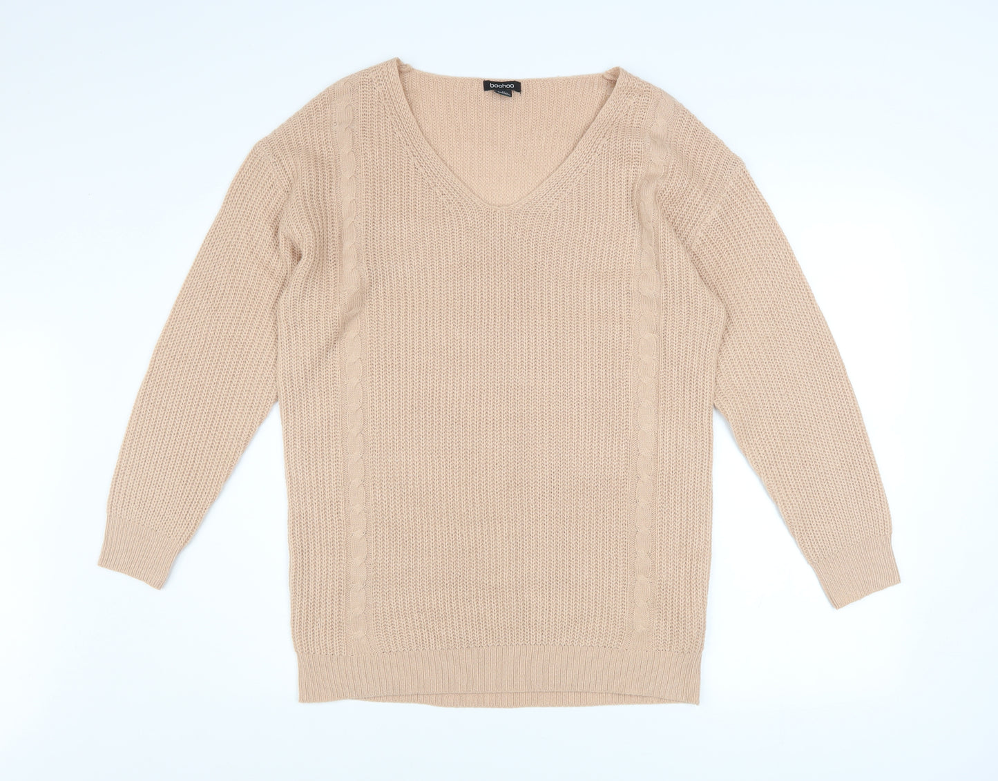 Boohoo Women Beige V-Neck Cable Knit Pullover Jumper Size M