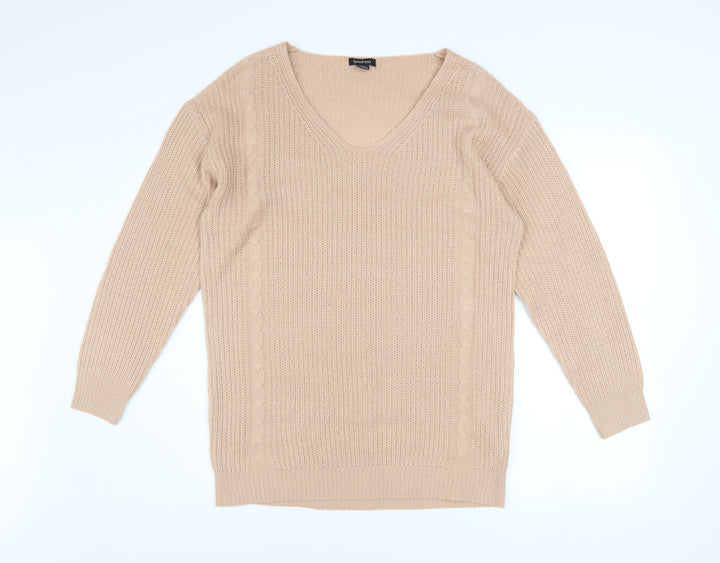 Boohoo Women Beige V-Neck Cable Knit Pullover Jumper Size M