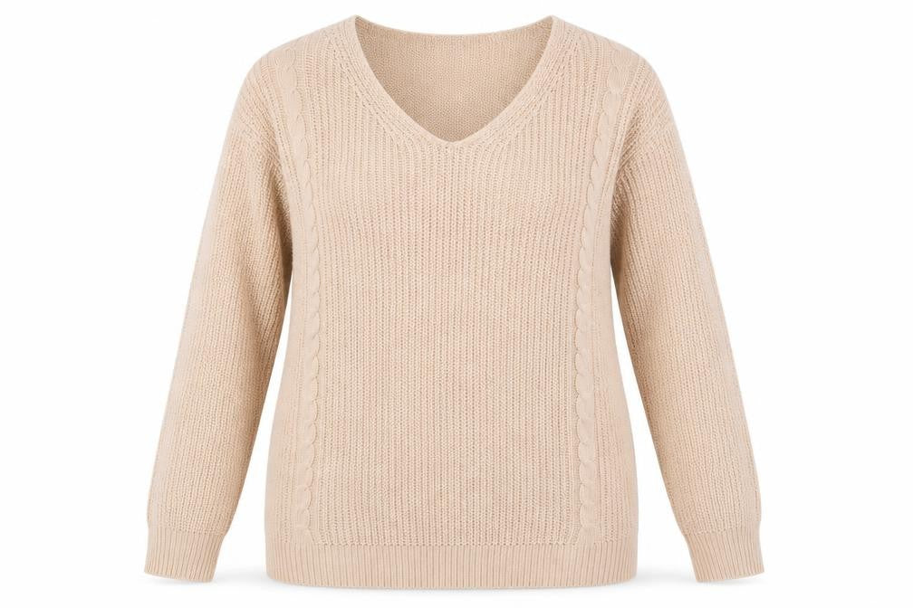 Front view of Boohoo Women Beige V-Neck Cable Knit jumper, size M