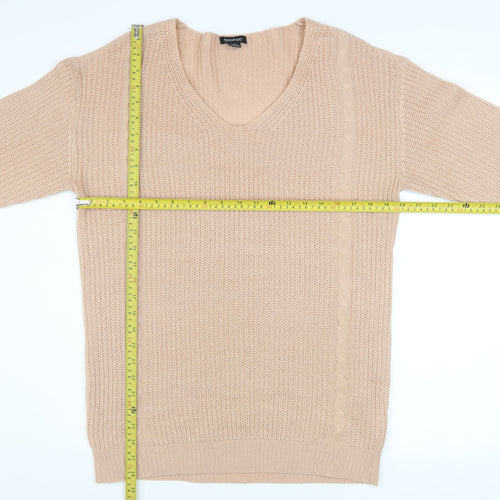 Boohoo Women Beige V-Neck Cable Knit Pullover Jumper Size M