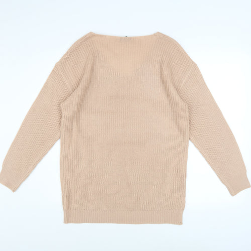 Boohoo Women Beige V-Neck Cable Knit Pullover Jumper Size M