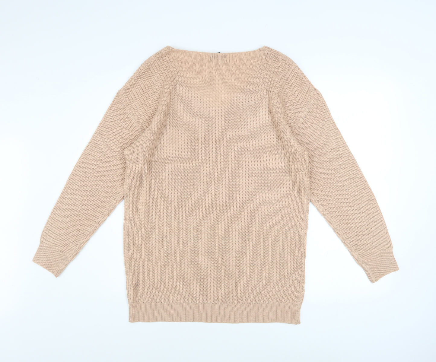 Boohoo Women Beige V-Neck Cable Knit Pullover Jumper Size M