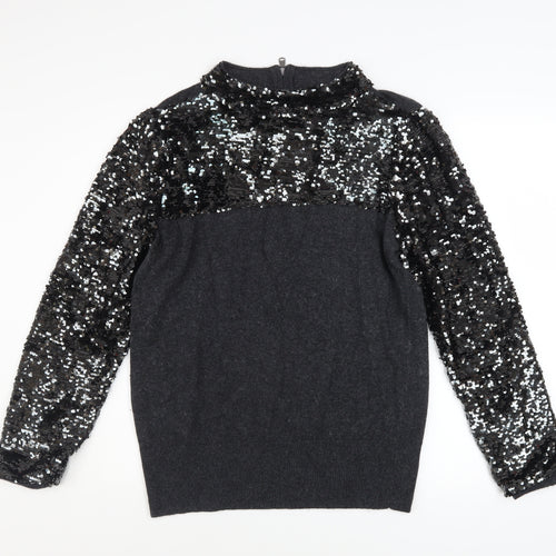 Mint Velvet Women Black Sequin Mock Neck Jumper Size 14