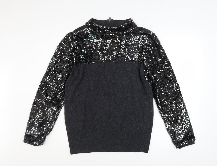 Mint Velvet Women Black Sequin Mock Neck Jumper Size 14