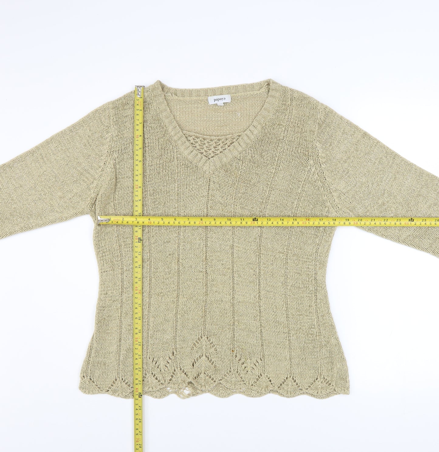 Papaya Women’s Beige V-Neck Knit Pullover Jumper Size 16