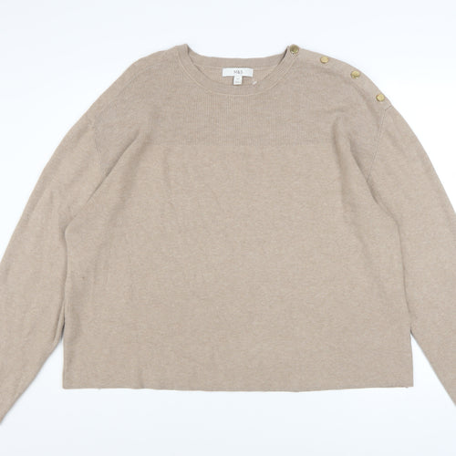 Marks and Spencer Womens Beige XL Button Shoulder Crew Neck Jumper
