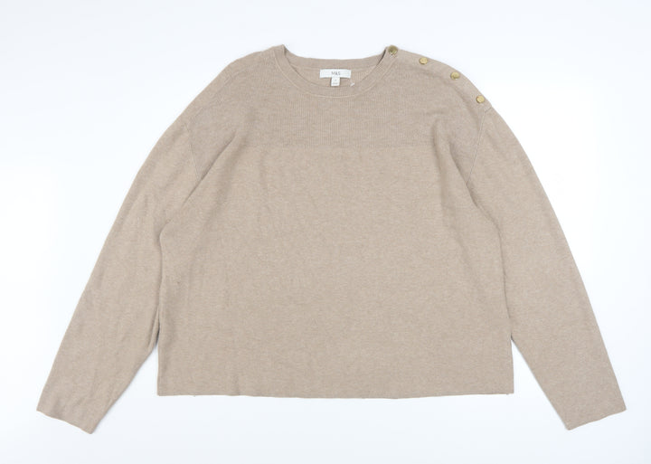Marks and Spencer Womens Beige XL Button Shoulder Crew Neck Jumper