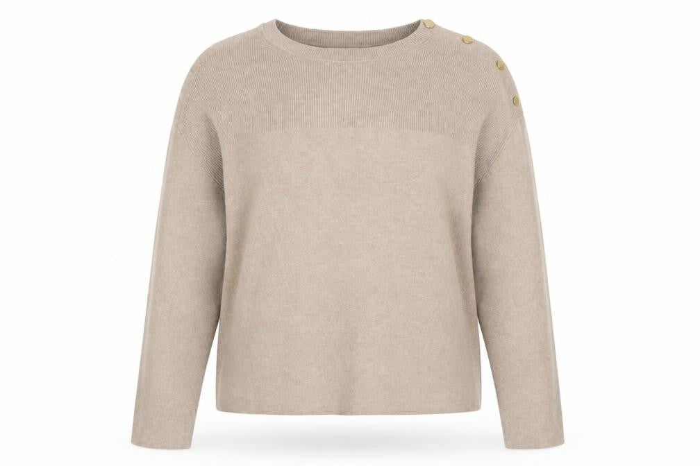 Front view of Marks & Spencer women’s beige xl button shoulder crew neck jumper