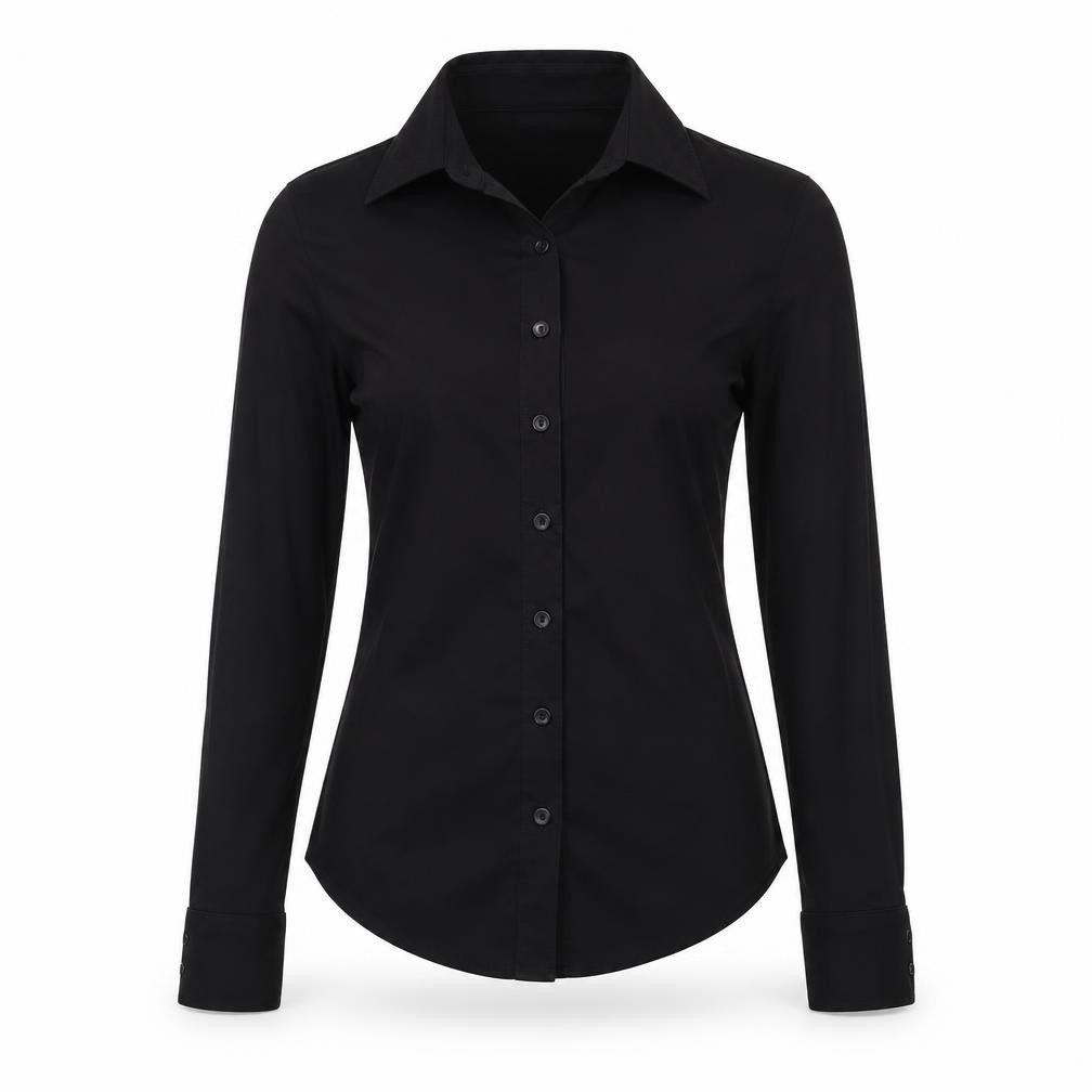 Front view of Zara women’s black button-up long sleeve collared shirt, size S
