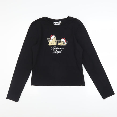 apoh London Women's Black Christmas Angel Long Sleeve Cotton T-Shirt Size 14