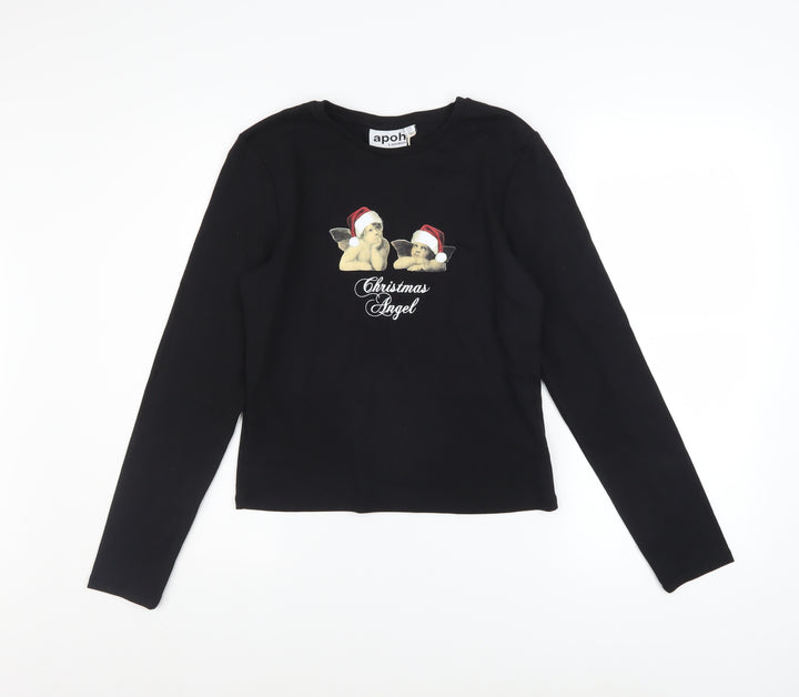 apoh London Women's Black Christmas Angel Long Sleeve Cotton T-Shirt Size 14