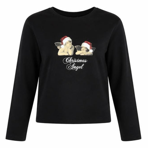 apoh London Women's Black Christmas Angel Long Sleeve Cotton T-Shirt Size 14