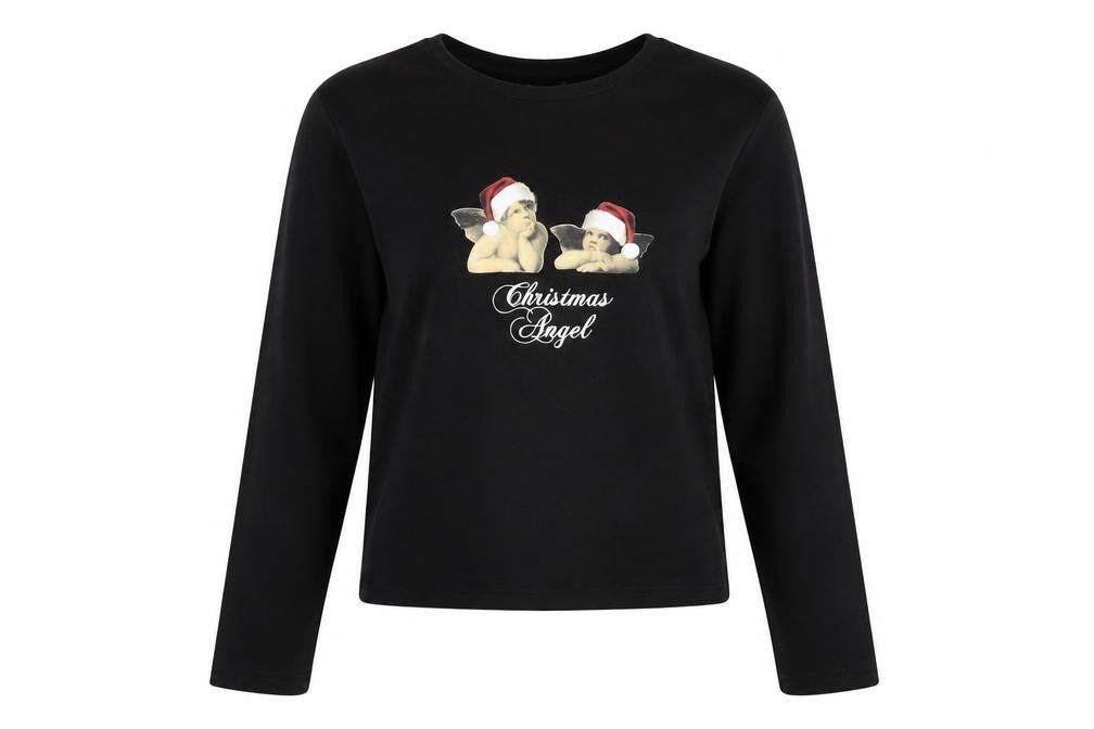 apoh London Women's Black Christmas Angel Long Sleeve Cotton T-Shirt Size 14