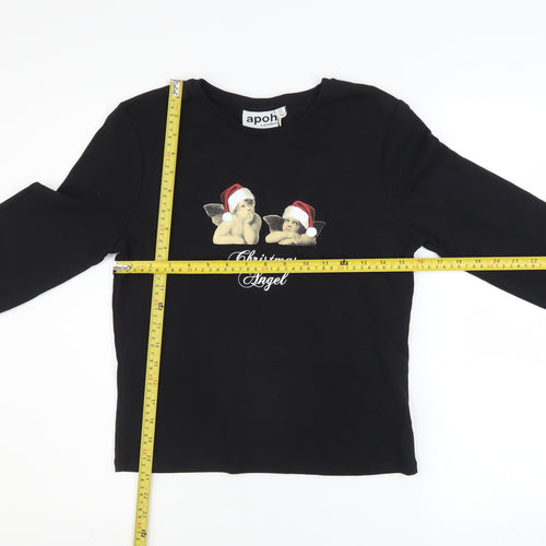 apoh London Women's Black Christmas Angel Long Sleeve Cotton T-Shirt Size 14