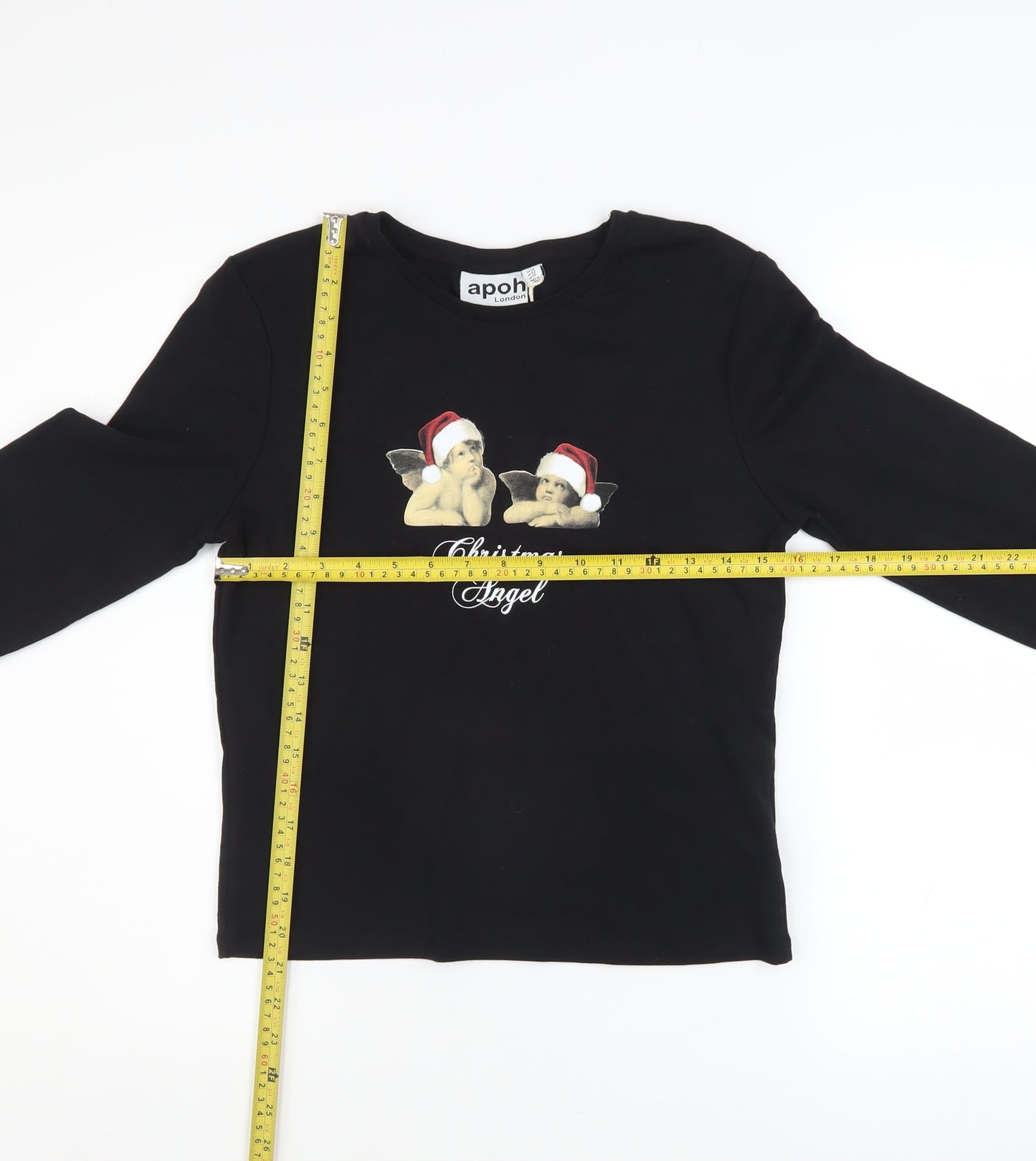 apoh London Women's Black Christmas Angel Long Sleeve Cotton T-Shirt Size 14