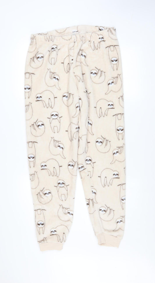 Primark Women Beige Sloth Fleece Pyjama Pants L 14/16 Winter Sleepwear