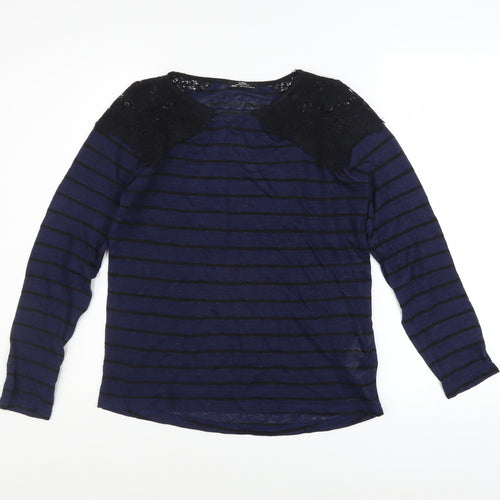 Zara Women Blue Striped Lace Shoulder Long Sleeve Jumper Size S